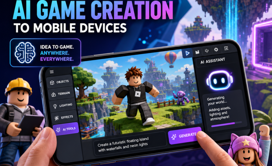 Roblox mobile app screen showing AI-powered game creation tools for making games anywhere