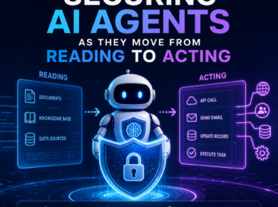 Illustration of AI agents moving from data reading to taking actions, with access control and anomaly detection icons