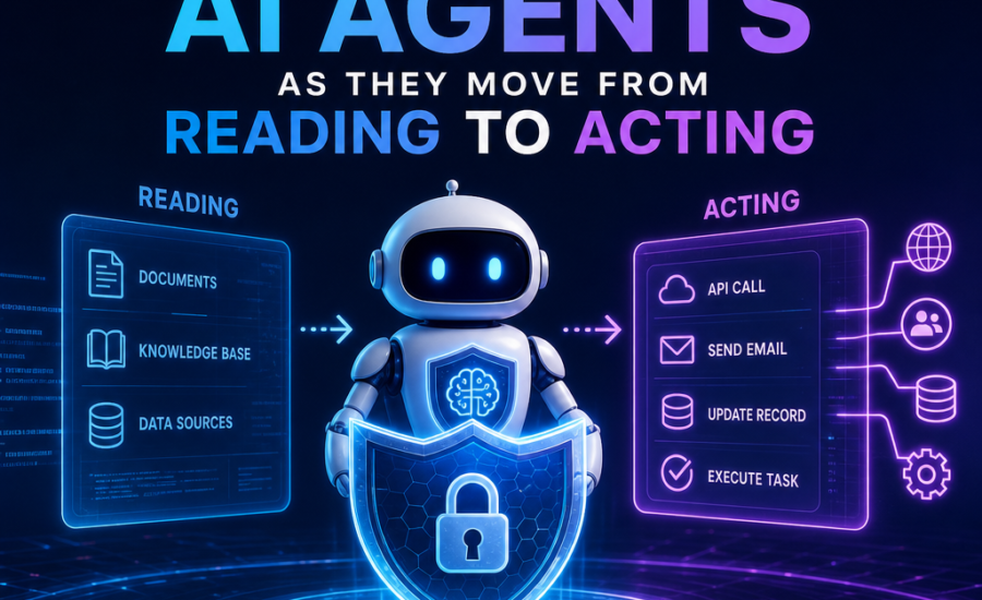 Illustration of AI agents moving from data reading to taking actions, with access control and anomaly detection icons