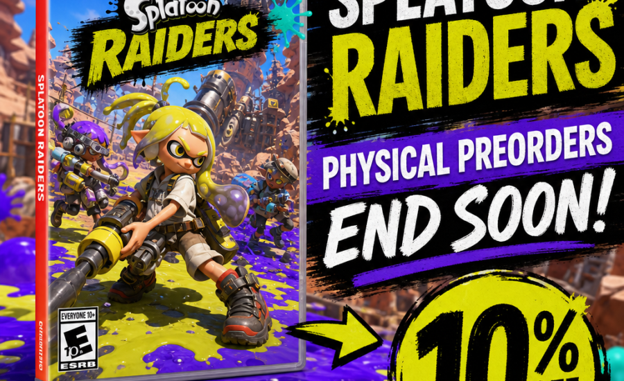 Splatoon Raiders Nintendo Switch game box art with preorder discount banner and release date details