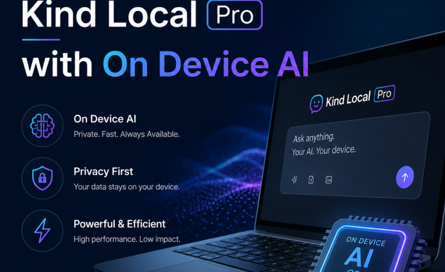 Promotional graphic for Synsira’s Kind Local Pro, highlighting privacy-first on-device AI and local processing