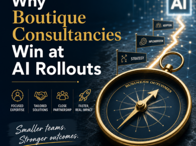 Illustration of boutique consultants guiding AI rollout success with tailored expertise and focused support
