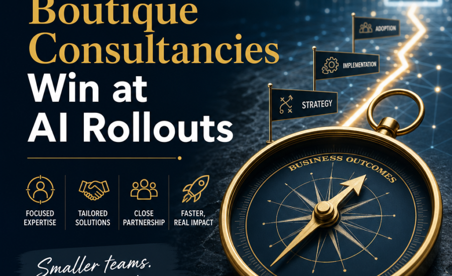 Illustration of boutique consultants guiding AI rollout success with tailored expertise and focused support