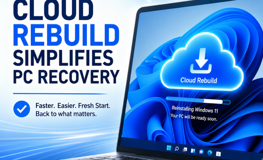 Windows 11 recovery screen showing cloud rebuild option for faster, secure PC restoration