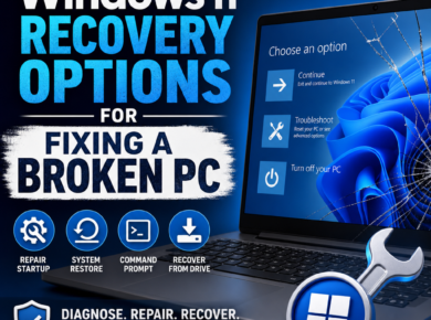 Windows 11 recovery options screen with Repair startup, System Restore, Command Prompt, and Recovery from drive options
