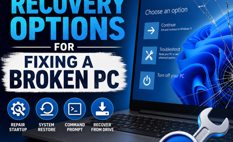 Windows 11 recovery options screen with Repair startup, System Restore, Command Prompt, and Recovery from drive options