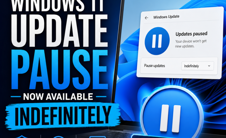 Windows 11 update settings showing pause updates option available indefinitely