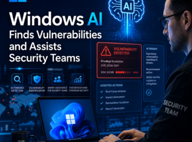 Security analyst at a desk monitors Windows AI security dashboards with vulnerability alerts and actions lists.