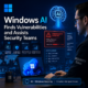 Security analyst at a desk monitors Windows AI security dashboards with vulnerability alerts and actions lists.