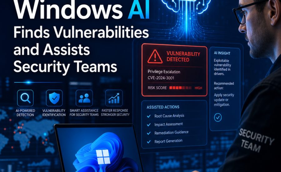 Security analyst at a desk monitors Windows AI security dashboards with vulnerability alerts and actions lists.