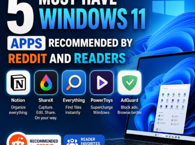 Graphic listing five recommended Windows 11 apps from Reddit users and readers, shown in a simple infographic.