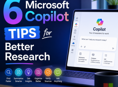 Microsoft Copilot tips graphic on a laptop, showing AI tools for better research