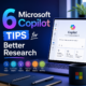 Microsoft Copilot tips graphic on a laptop, showing AI tools for better research