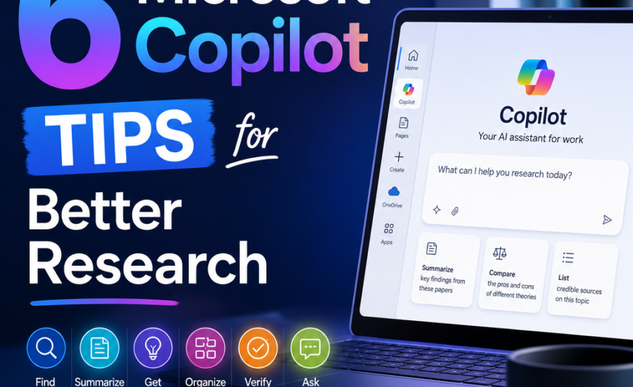 Microsoft Copilot tips graphic on a laptop, showing AI tools for better research