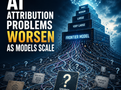 Towering neural network with tangled source lines labeled “source unknown,” showing AI attribution problems worsening as mode
