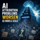 Towering neural network with tangled source lines labeled “source unknown,” showing AI attribution problems worsening as mode