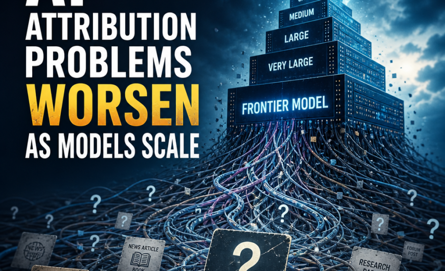 Towering neural network with tangled source lines labeled “source unknown,” showing AI attribution problems worsening as mode
