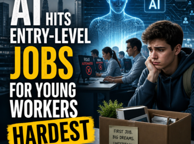 Worried young worker looks at a fading career path as AI automation threatens entry-level jobs