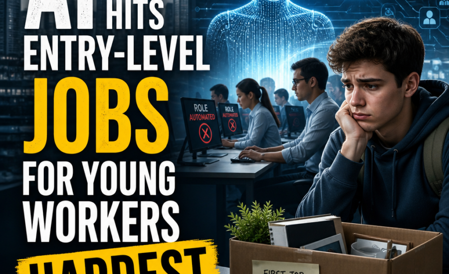 Worried young worker looks at a fading career path as AI automation threatens entry-level jobs
