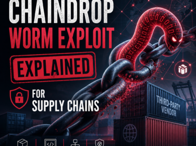 Diagram explaining the ChainDrop worm exploit in supply chains and third-party risk protection.