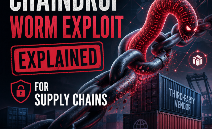 Diagram explaining the ChainDrop worm exploit in supply chains and third-party risk protection.