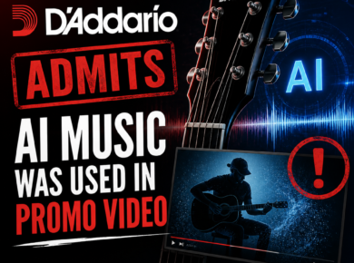 D'Addario promotional video with a guitar, highlighting AI-generated music use