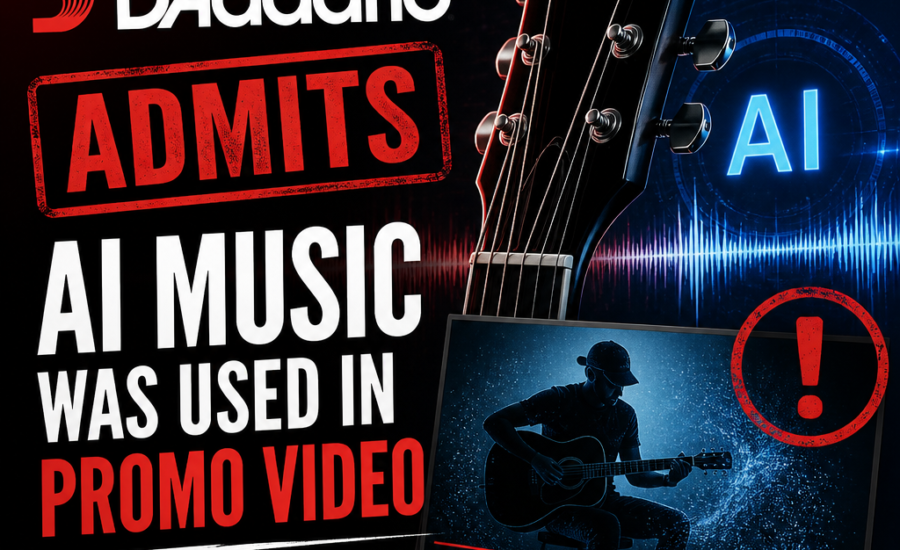 D'Addario promotional video with a guitar, highlighting AI-generated music use