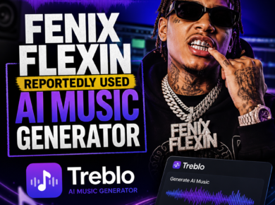 Fenix Flexin onstage with microphone, tied to news about using Treblo AI music generator for music creation