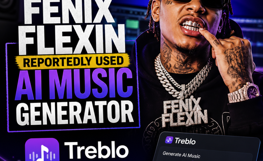 Fenix Flexin onstage with microphone, tied to news about using Treblo AI music generator for music creation