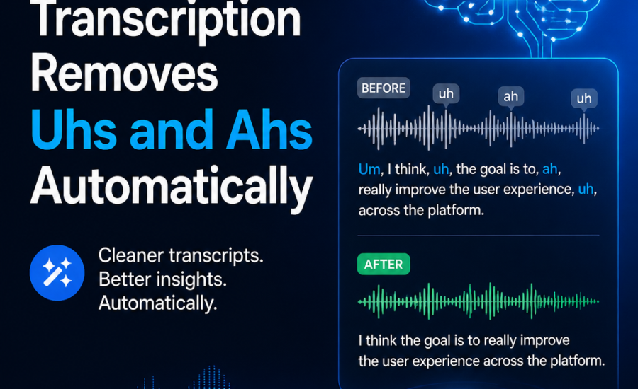 Google AI transcription graphic showing removal of filler words like “uhs” and “ahs” for cleaner transcripts
