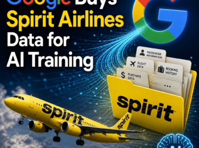 Google buys Spirit Airlines data for AI training, with Spirit plane, branded folder, and AI graphics