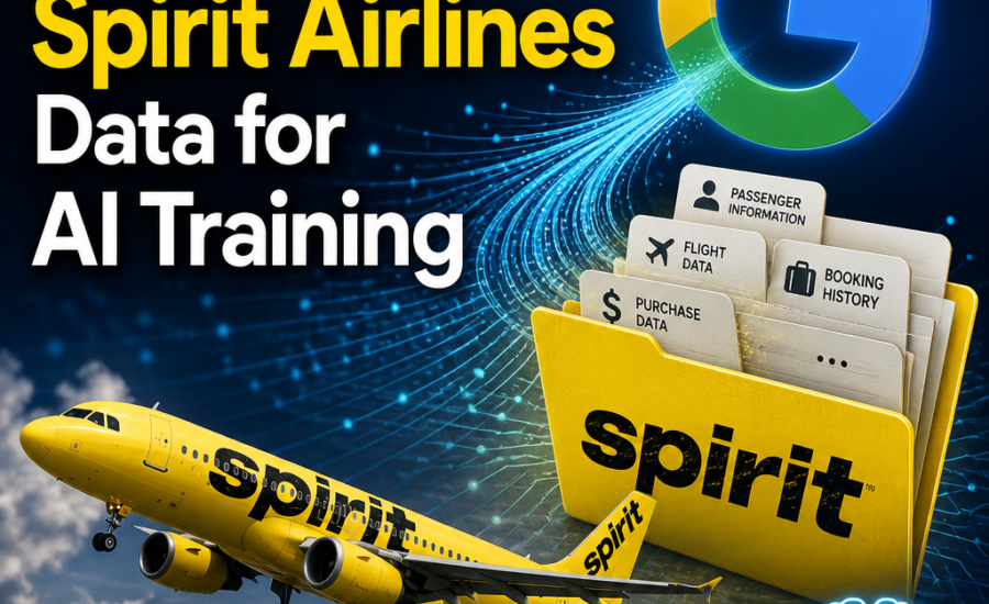 Google buys Spirit Airlines data for AI training, with Spirit plane, branded folder, and AI graphics