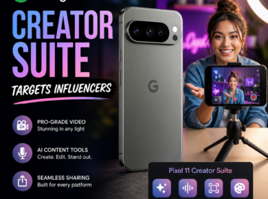 Google Pixel 11 Creator Suite promo with influencer tools, pro video features, and easy sharing icons