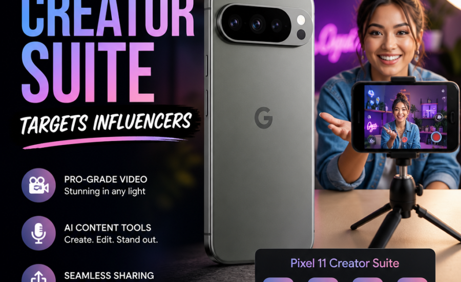 Google Pixel 11 Creator Suite promo with influencer tools, pro video features, and easy sharing icons