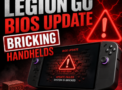 Lenovo Legion Go handheld gaming device showing a BIOS update failure warning screen