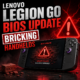 Lenovo Legion Go handheld gaming device showing a BIOS update failure warning screen