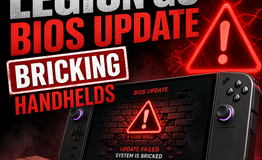 Lenovo Legion Go handheld gaming device showing a BIOS update failure warning screen