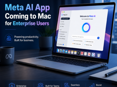 Meta AI app on a Mac screen, showing secure enterprise productivity tools for business teams.
