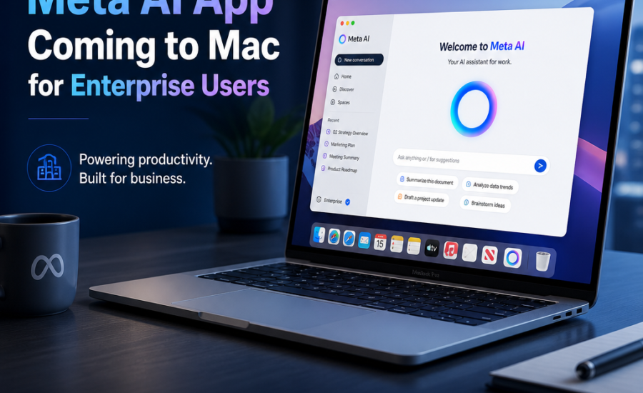 Meta AI app on a Mac screen, showing secure enterprise productivity tools for business teams.