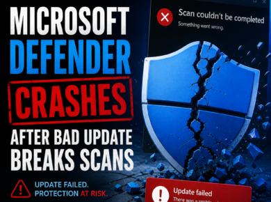 Microsoft Defender error screen showing a scan crash after a bad update, with protection warnings visible