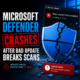 Microsoft Defender error screen showing a scan crash after a bad update, with protection warnings visible