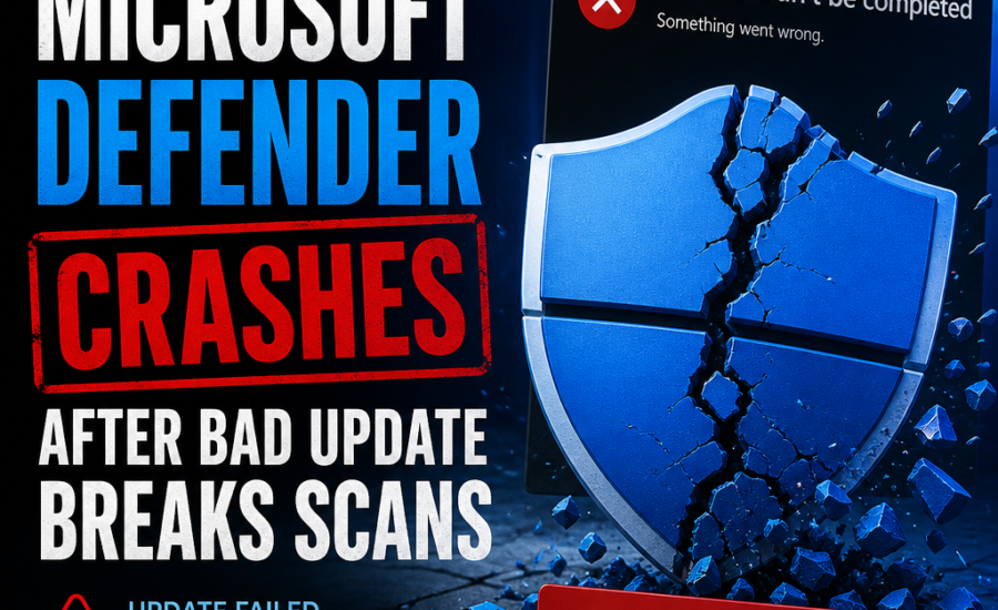 Microsoft Defender error screen showing a scan crash after a bad update, with protection warnings visible
