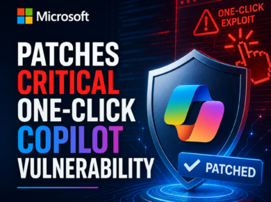 Microsoft Copilot security warning with shield graphic highlighting a critical one-click vulnerability patch