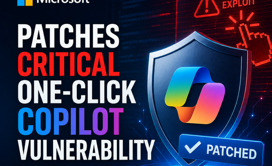 Microsoft Copilot security warning with shield graphic highlighting a critical one-click vulnerability patch