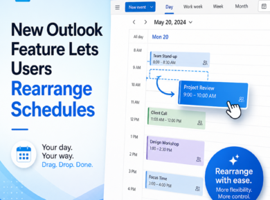 Illustration of a calendar interface showing drag-and-drop schedule rearrangement in Outlook