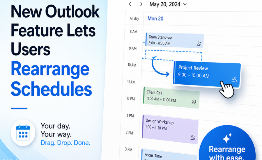Illustration of a calendar interface showing drag-and-drop schedule rearrangement in Outlook
