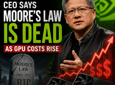 NVIDIA CEO speaking beside an RTX 4090 graphic about Moore’s Law ending as GPU costs rise
