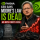 NVIDIA CEO speaking beside an RTX 4090 graphic about Moore’s Law ending as GPU costs rise