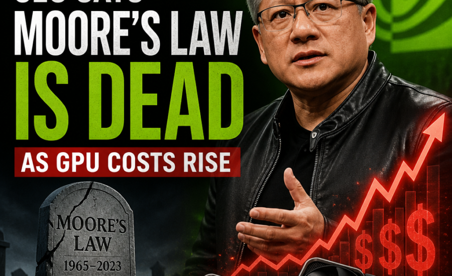 NVIDIA CEO speaking beside an RTX 4090 graphic about Moore’s Law ending as GPU costs rise