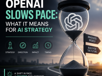 Hourglass beside a city skyline illustrating OpenAI slowing pace in AI strategy